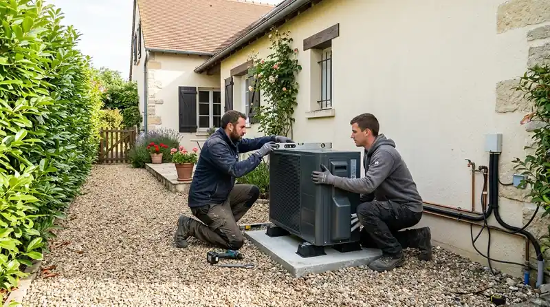 Installateur raccordant l'unité extérieure d'une pompe à chaleur dans le Ariège